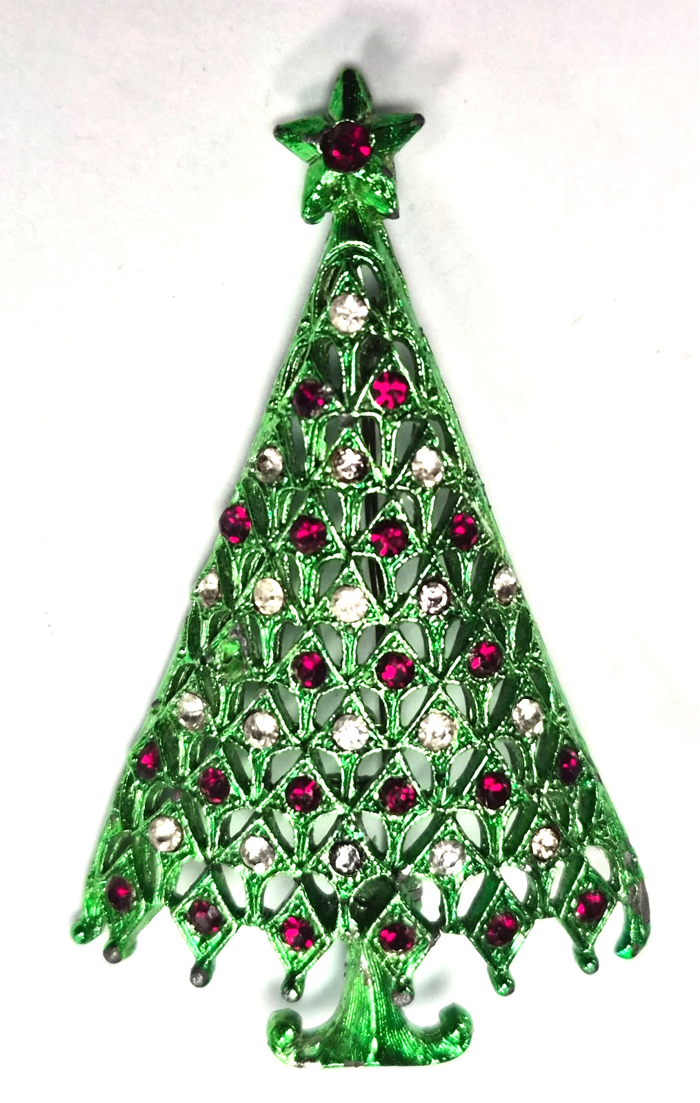 Vintage 70’s Signed MYLU Green Enamel & Rhinestone Christmas Tree Pin / Brooch