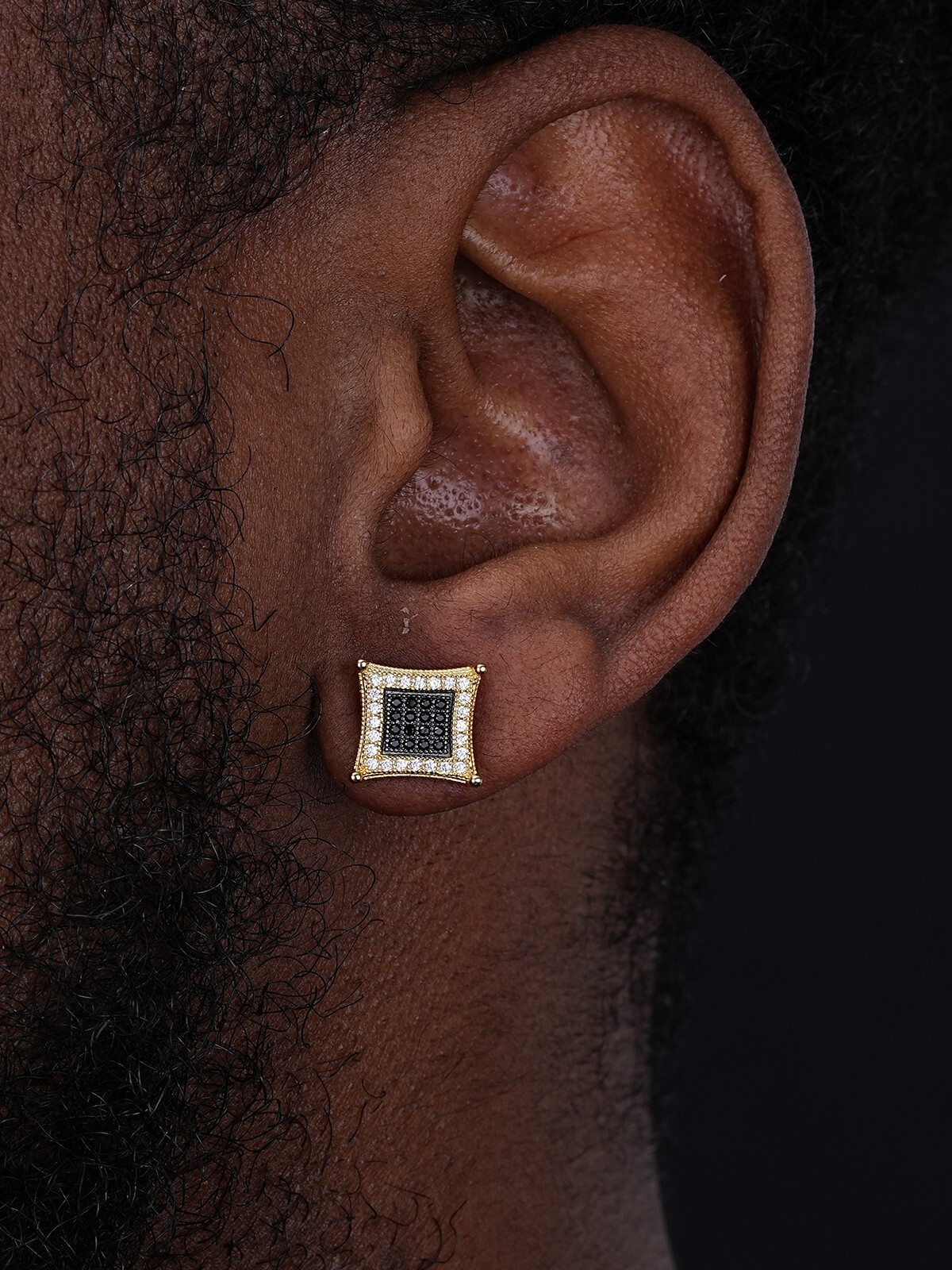 Mens 14K Gold Plated 925 Silver Iced Kite Black CZ Square Earrings Studs