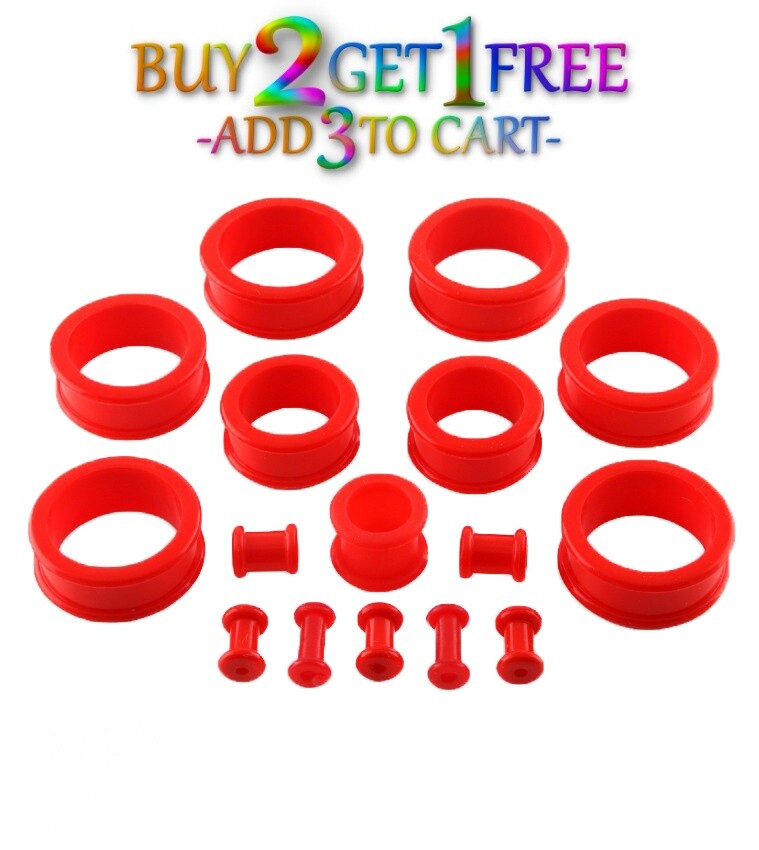 Pair 12g-50mm RED SILICONE FLAT FLARE TUNNELS Double Gauges Thin Flesh Ear 1014