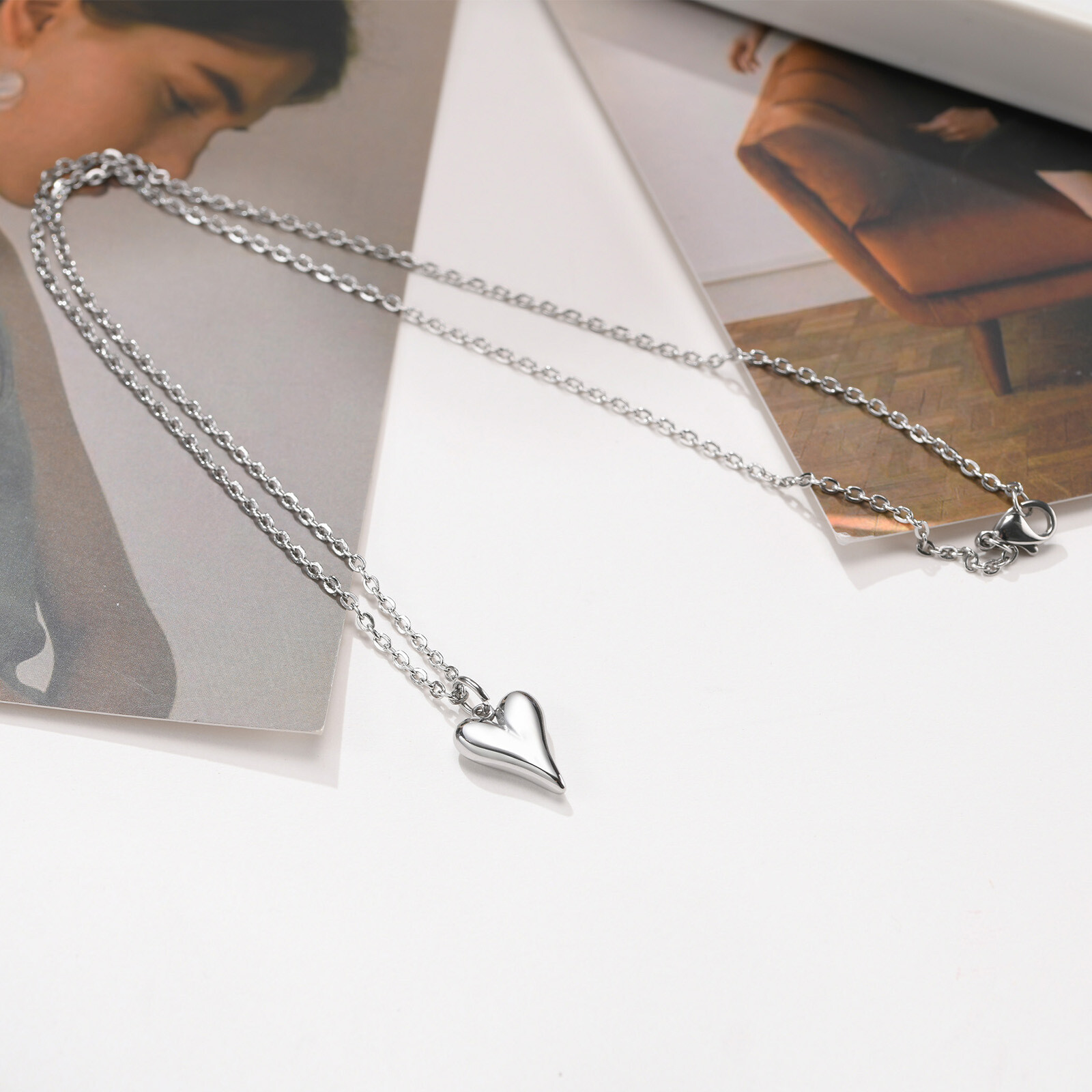 50CM Stainless Steel Heart Pendant Gold /Steel Color Love Women Necklace Jewelry