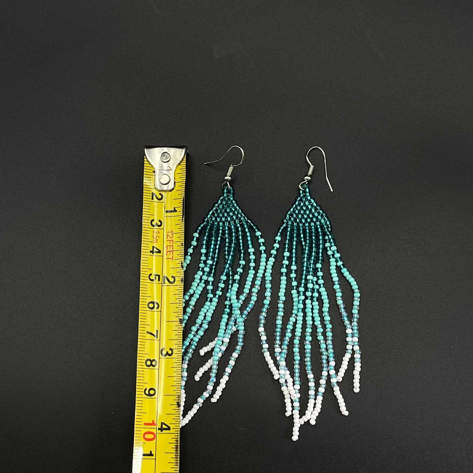 Vintage Beaded Fringe Dangle Earrings Teal Ombre Boho Statement Drop 4″ Western