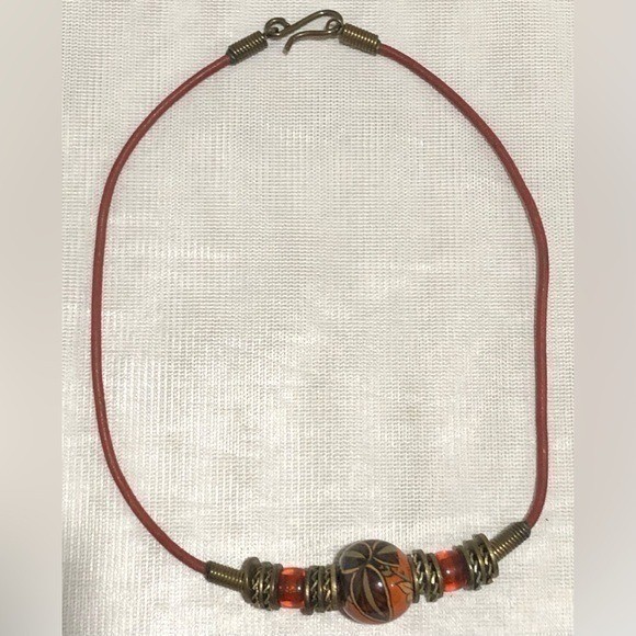 Leather Cord Ceramic Bead Choker Necklace .