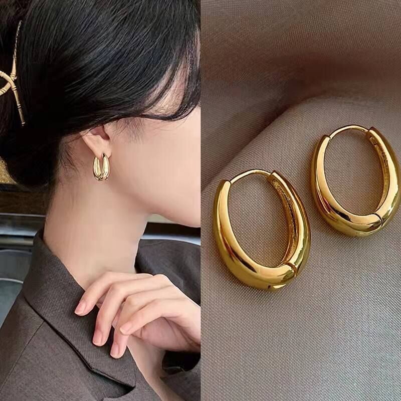 Fashion Woman Gold Plated Oval Hoop Earring Clip Huggie