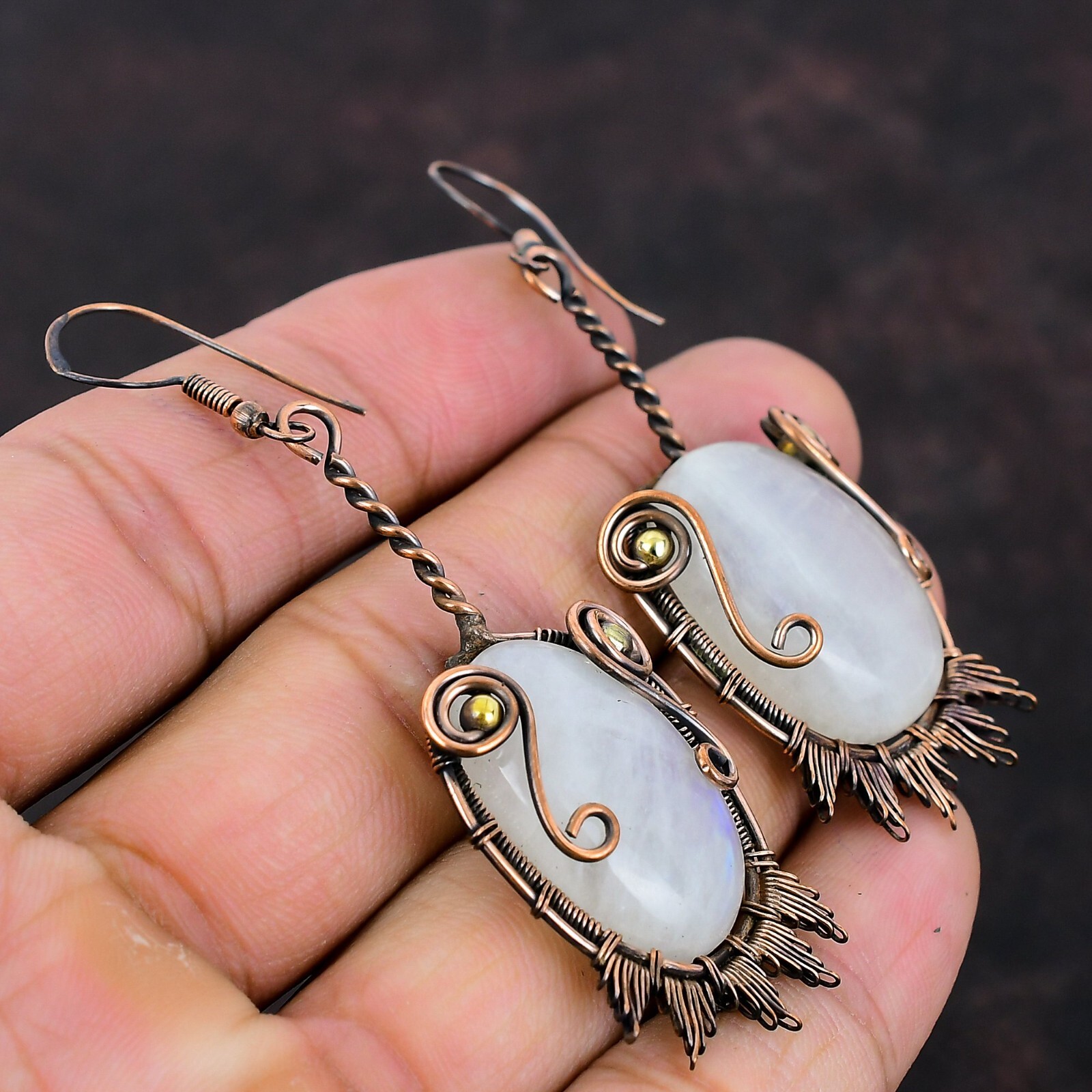 Rainbow Moonstone Copper Gift For Briedsmaid Wire Wrapped Earrings 2.87″