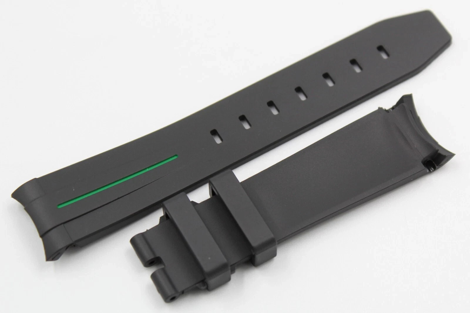 Black TPU Silicone Strap Green Strip 20/18mm Curved Handle Hypoallergenic New