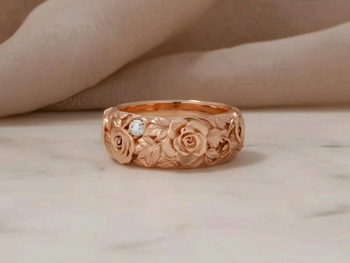 Rose Gold Copper Flower Ring Band Cubic Zirconia Fashion Statement