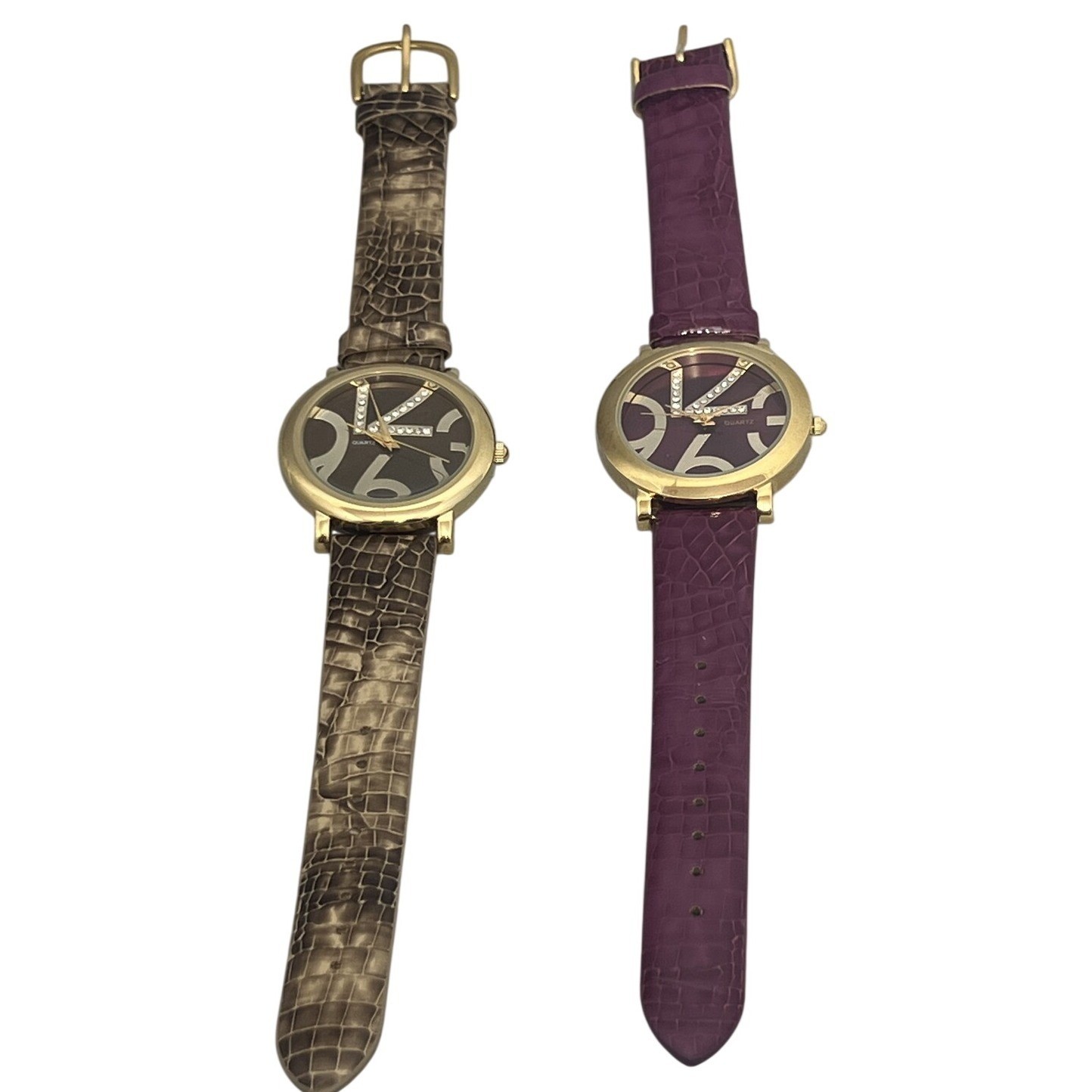 Fashion Quartz Wristwatch Set Gold Tone Case Faux Croc Band K Crystal Dial