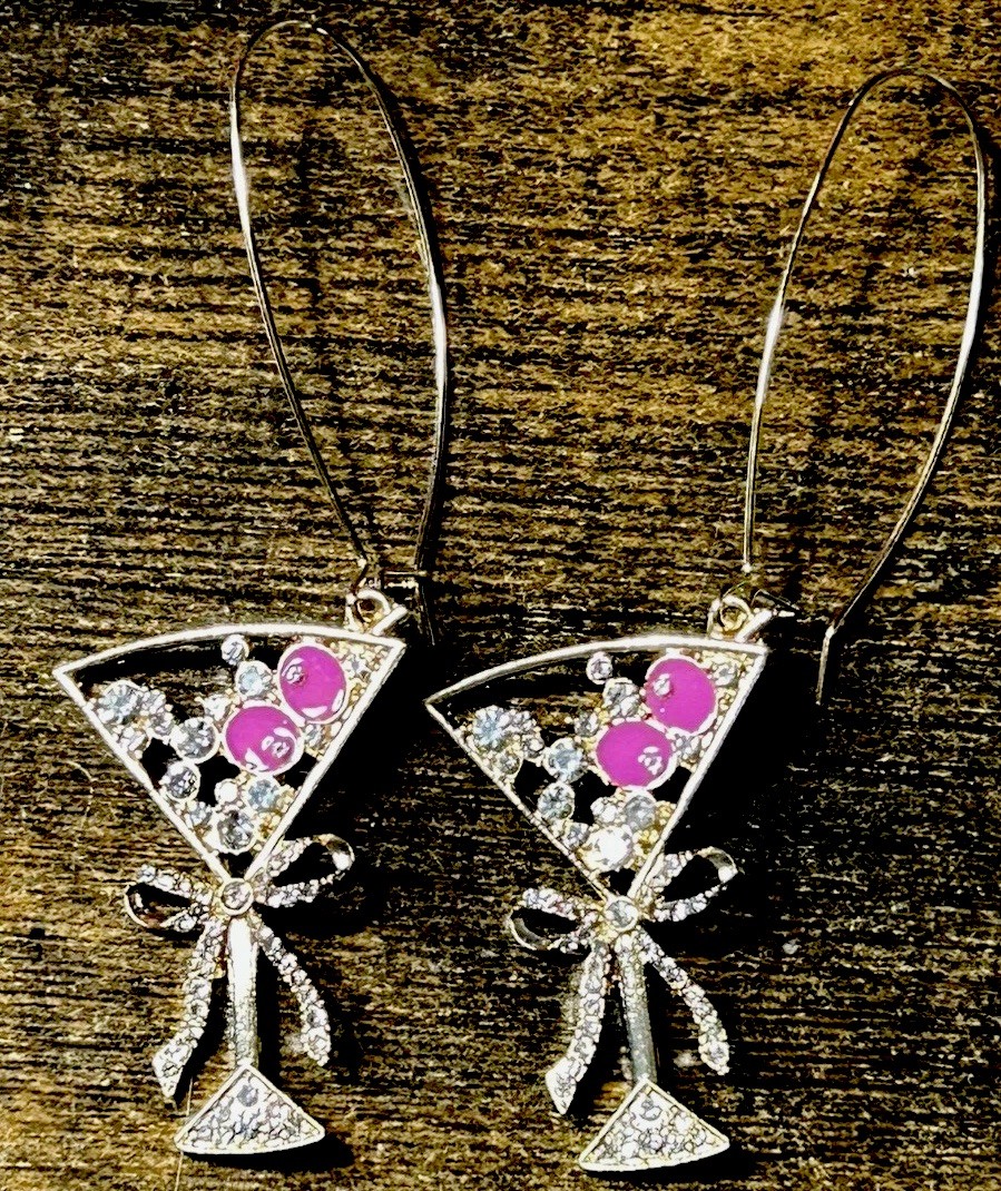 Crystal Enamel Cocktail Glass Earrings With Bow Long Wire Hook 3.75”