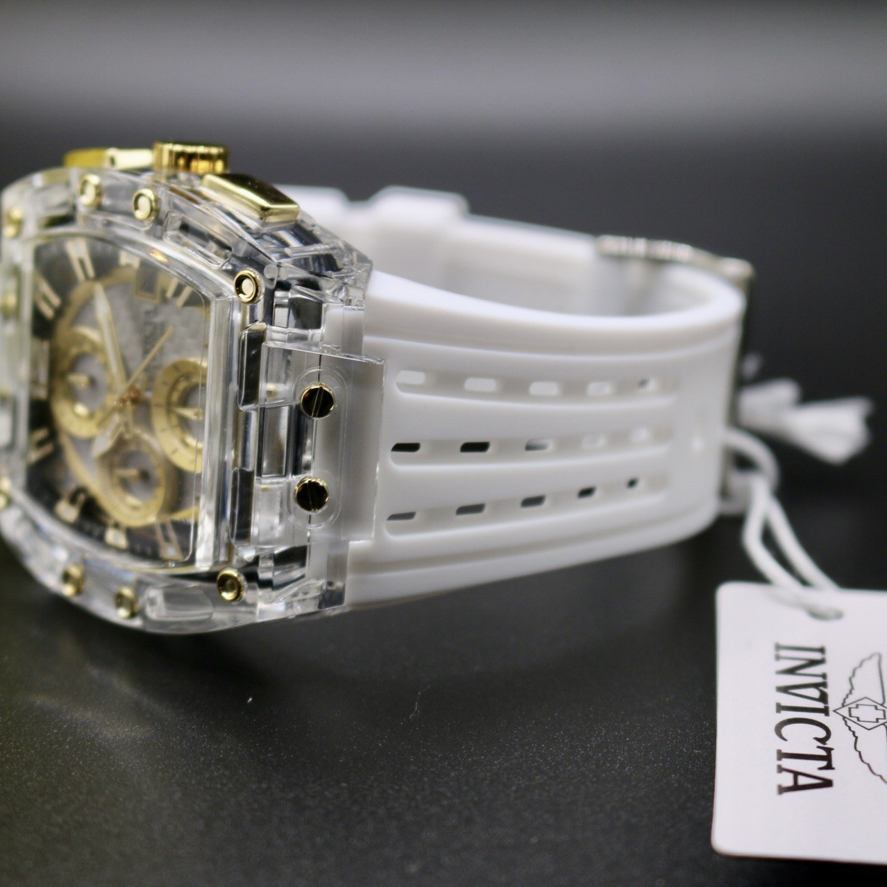 Invicta S1 Rally 42mm Gold Dial Clear Quartz Chronograph White Silicone Watch