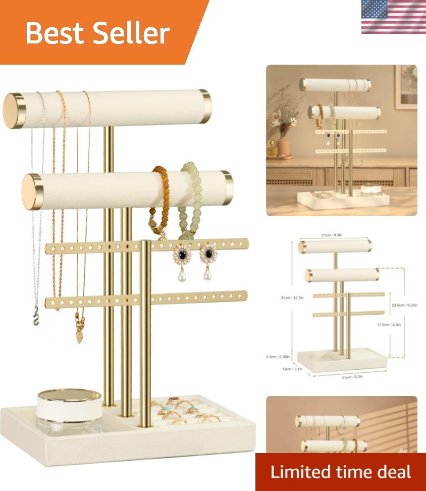 3 Tier Bracelet Holder Display – Detachable T Bar Beige Velvet Bracelet Holde…