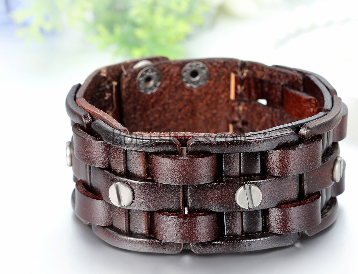 Retro Cross Woven Punk Rock Men’s Leather Strand Brown Cuff Bangle Bracelet 9.7″