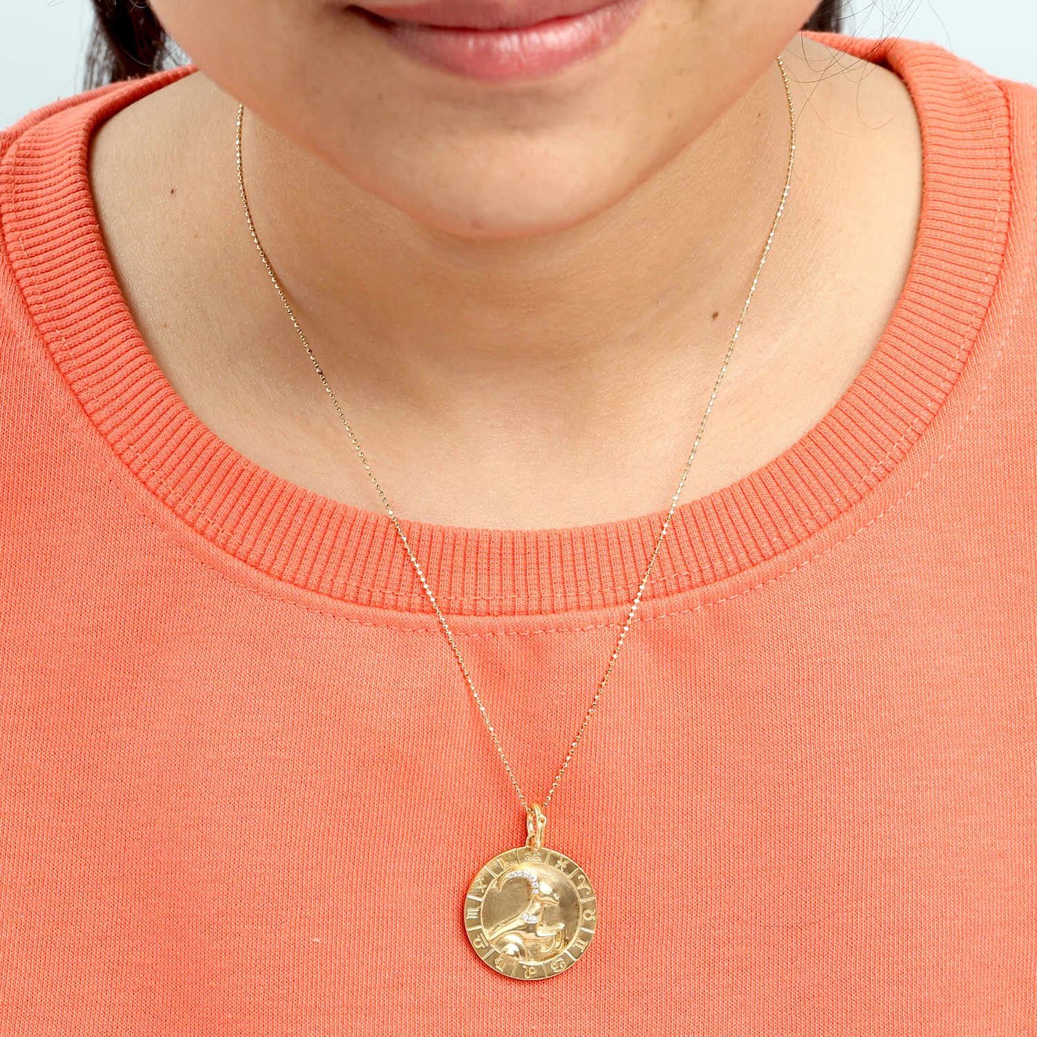 Capricorn Zodiac Medallion Pendant 14K Yellow Gold Diamond Astrology Charm