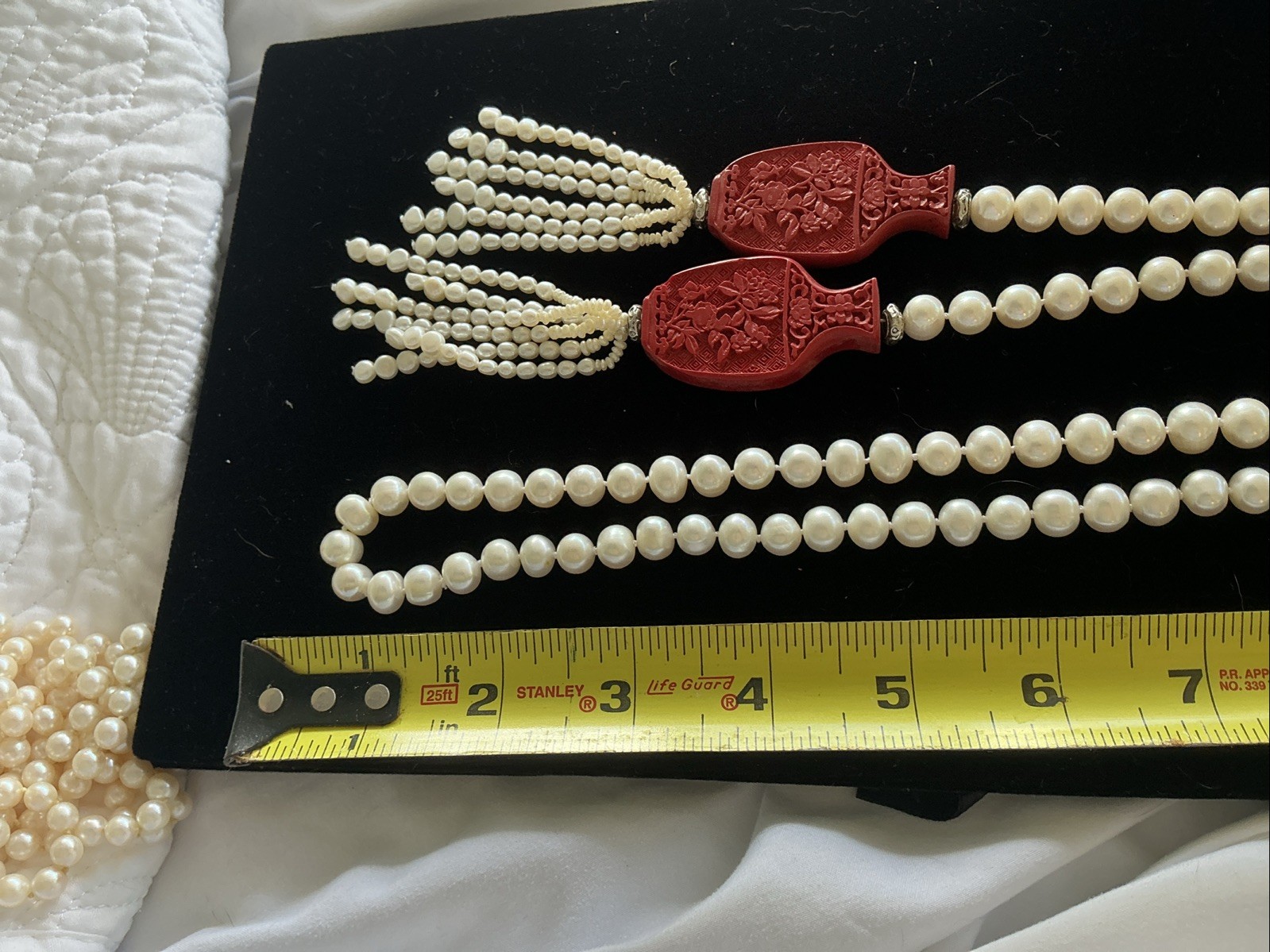 Cultured Pearls. 24 Inches Long. 9-10mm, Cinnabar Decorations.