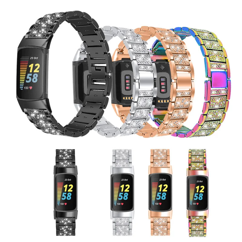 Diamond Stainless Steel Band for Fitbit Charge 6 / Charge 5 Bracelet Metal Strap