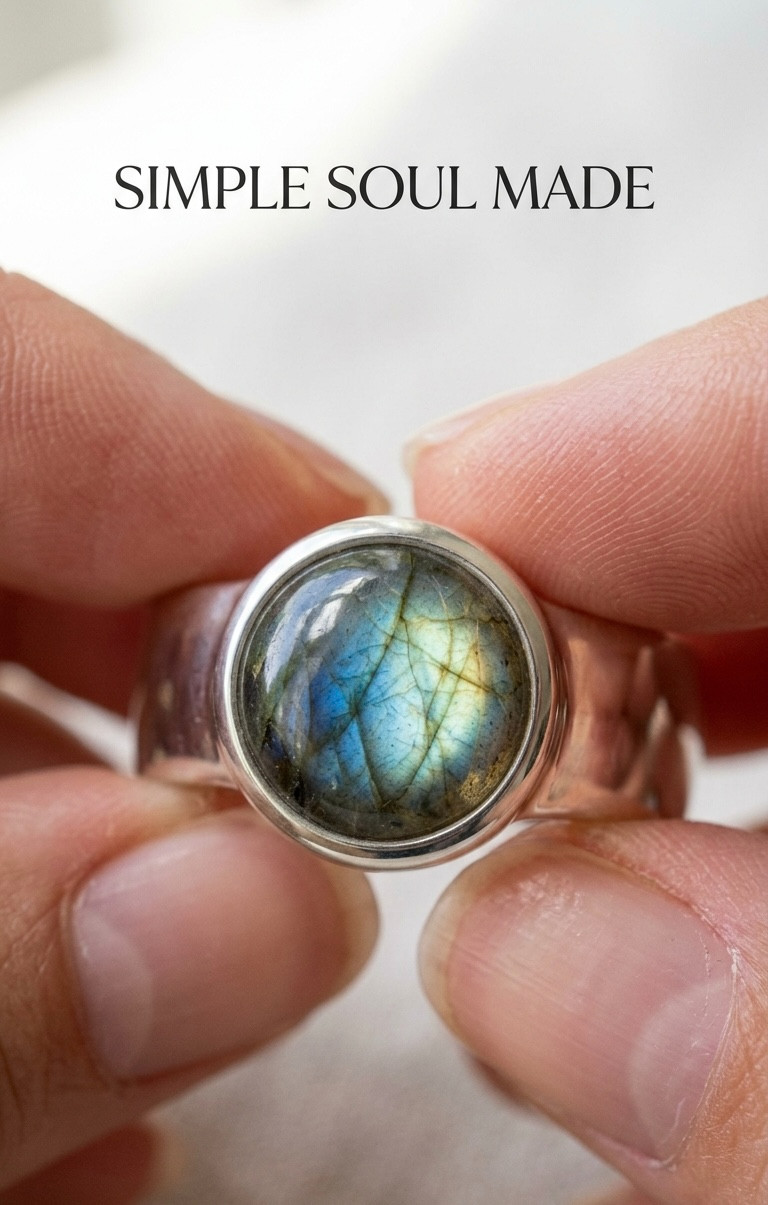 925 Sterling Silver Mens Labradorite Ring Round Bezel Set Wide Band Signet Style