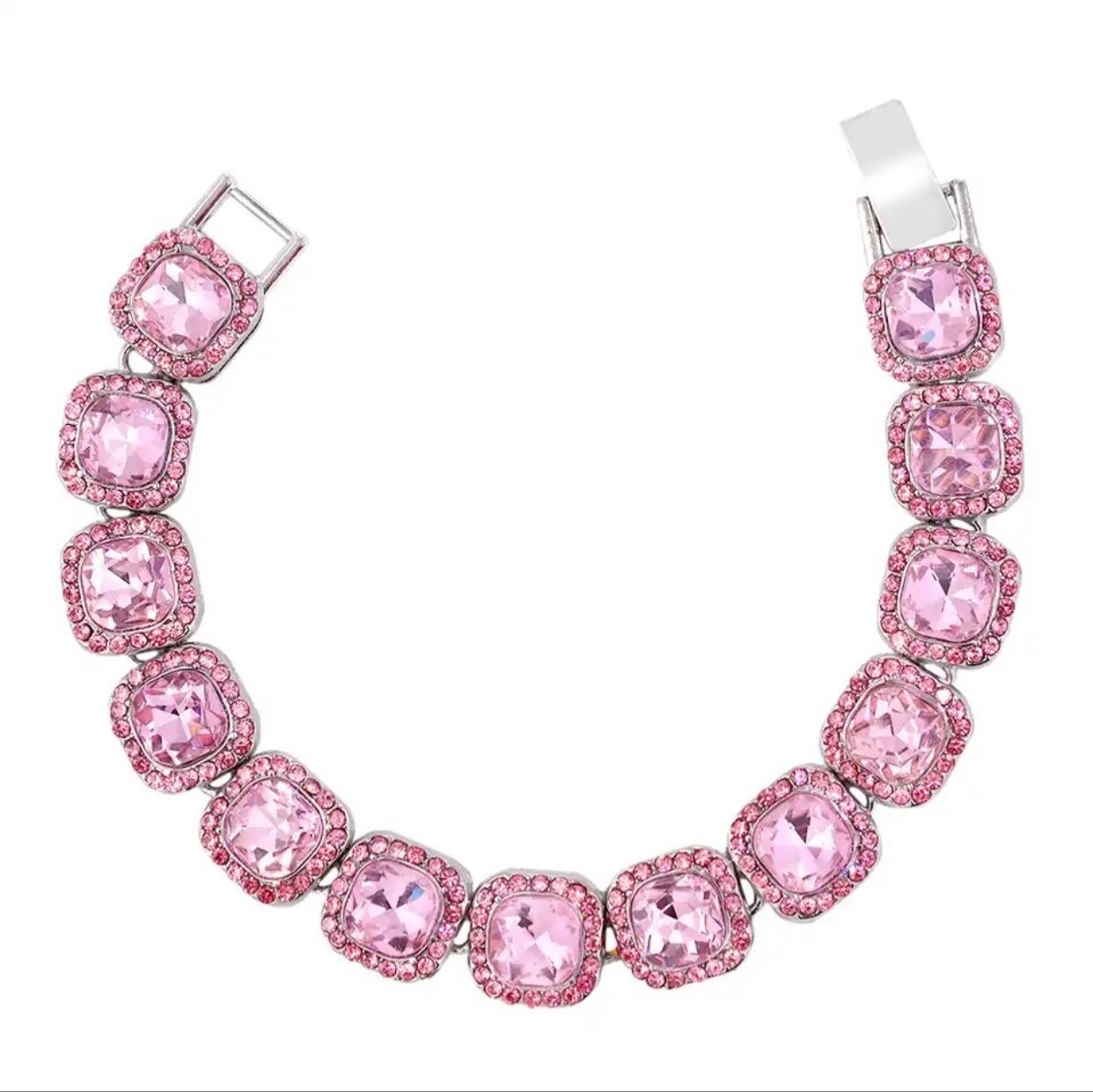 14K White Gold Plated 8” Round Pink CZ’s Tennis Bracelet