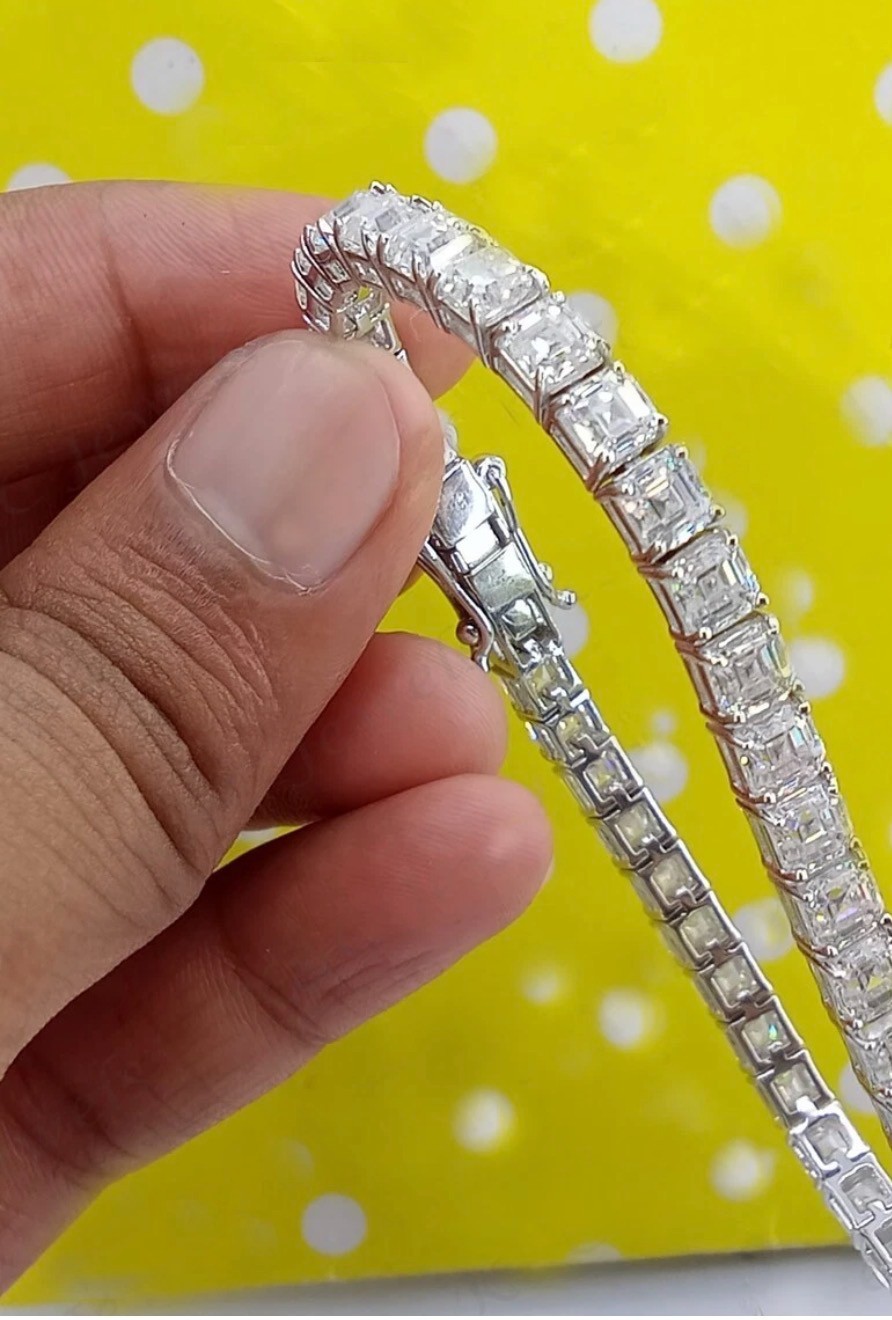 7Ct Lab Created Diamond Tennis Bracelet 7″ Asscher Cut Solid 14K White Gold