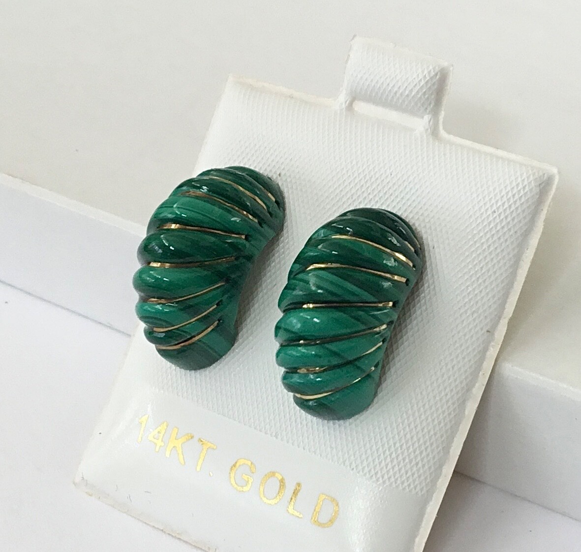 Natural Green Malachite Solid 14K Yellow Gold Dome Earrings NEW