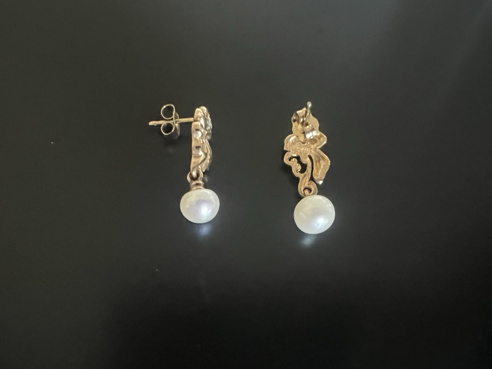 10K Gold Town & Country Diamond Flower Pearl Drop Earrings