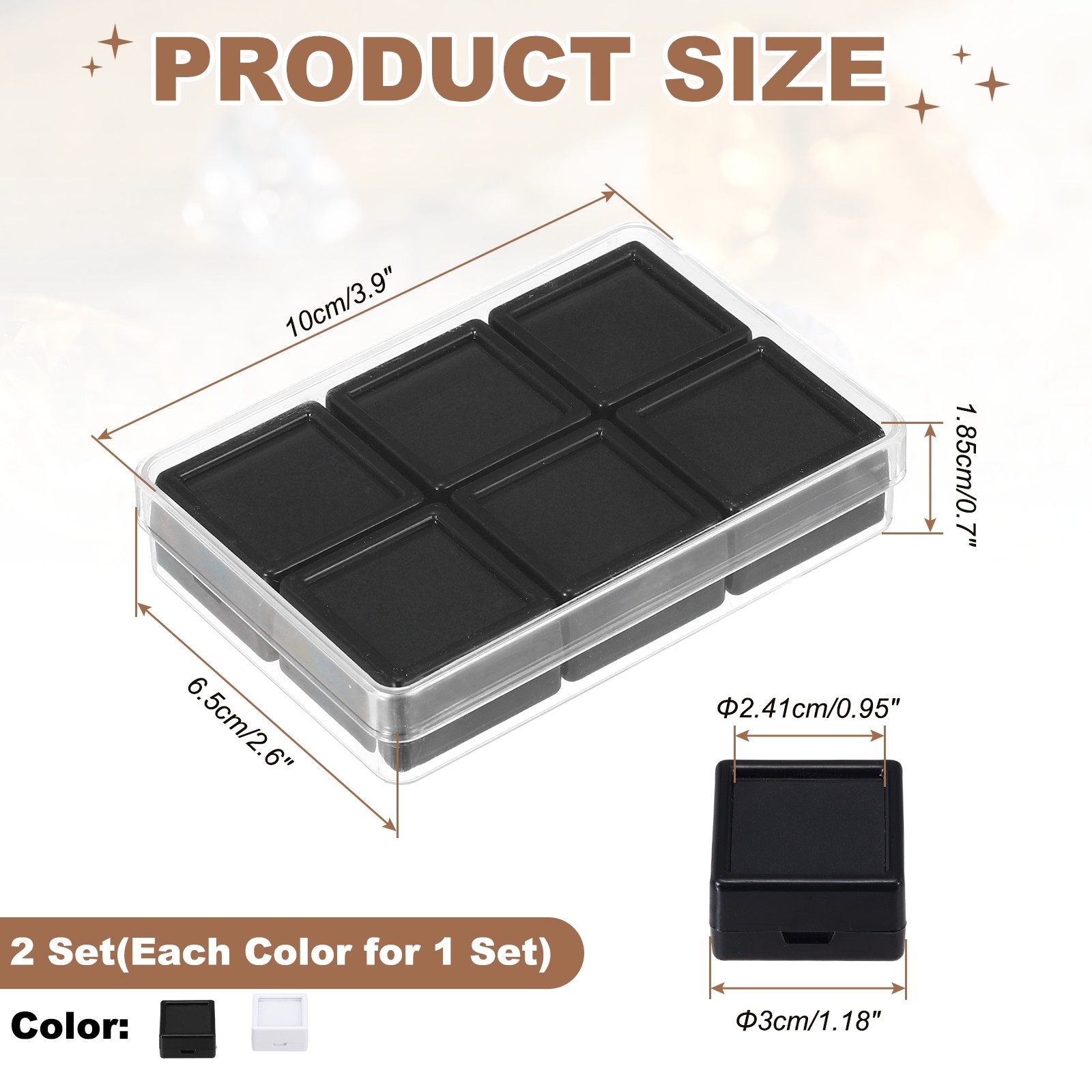 3.9×2.6×0.7 Inch Gemstone Display Box 12 Pcs Square Containers, Black/White