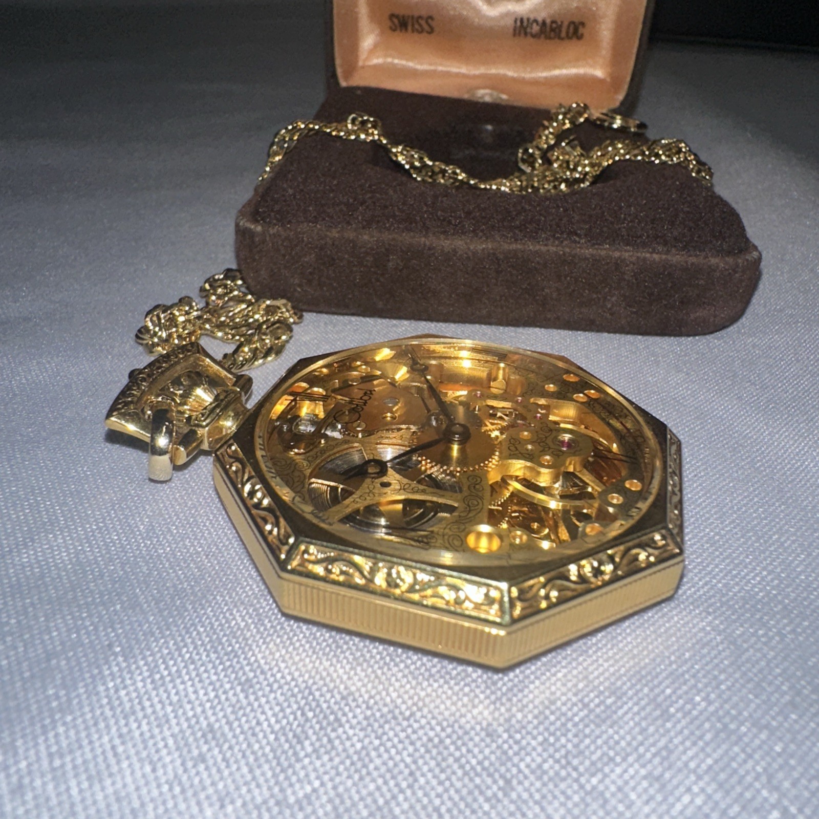 Vintage Colibri 17 Jewels Incabloc Swiss Skeletonized Pocket Watch Chain + Case