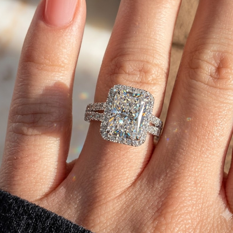 2.28 TCW Radiant Cut Moissanite Halo Engagement Ring In 14k White Gold Plated