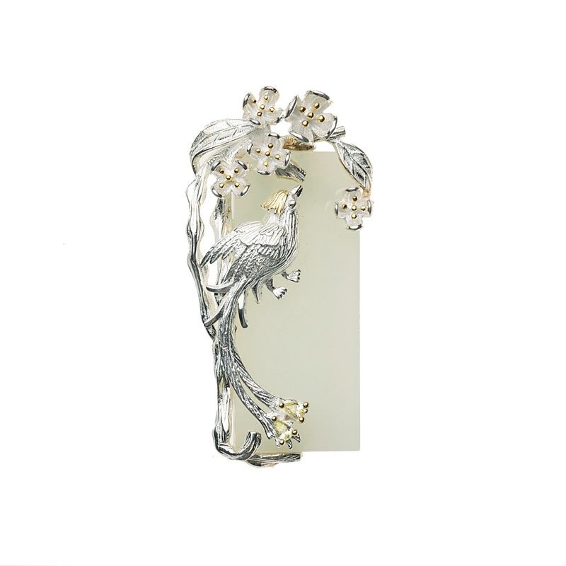 Silver-Plated Alloy & Jade Phoenix Pendant Necklace for Women