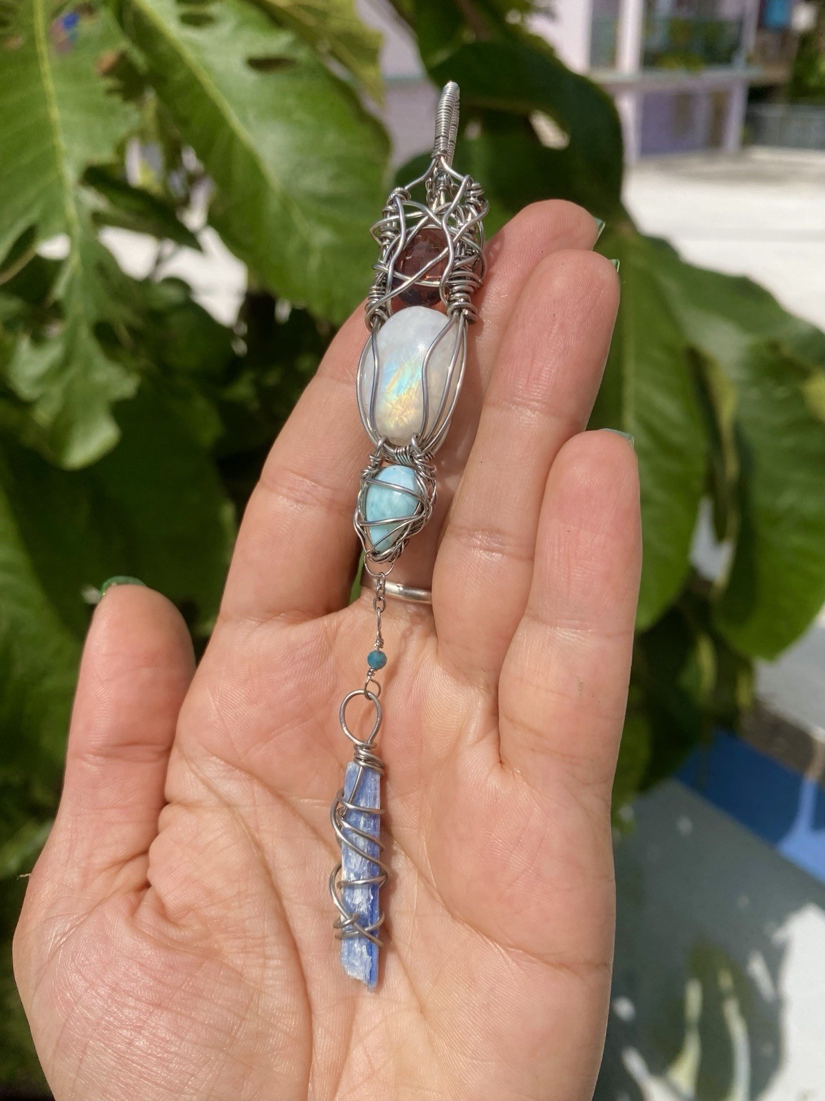 Rainbow Moonstone, Larimar & Kyanite Necklace Amethyst & Blue Apatite Steel