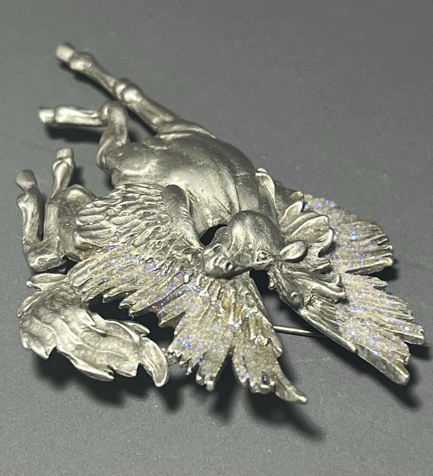 Vintage JJ Jonette Brooch Pewter Horse Pegasus Purple Glitter 3.5 Inches