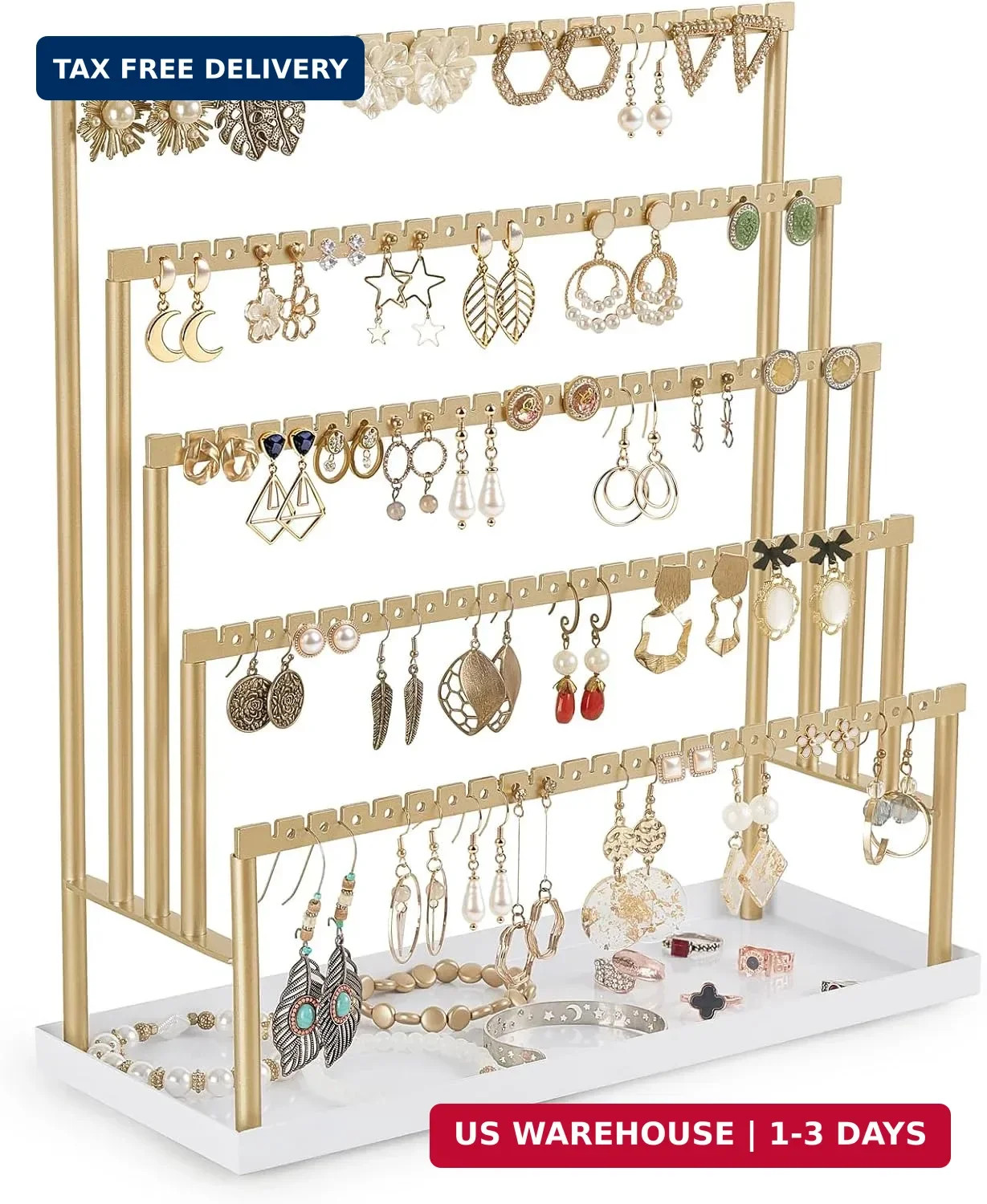 Mkono 5-Tier Earring Holder Organizer, Gold Jewelry Display Stand with Tray | 11