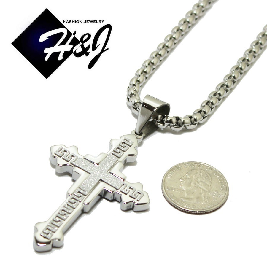 18-40″MEN Stainless Steel 5mm Silver Smooth Box Chain Necklace Cross Pendant*K