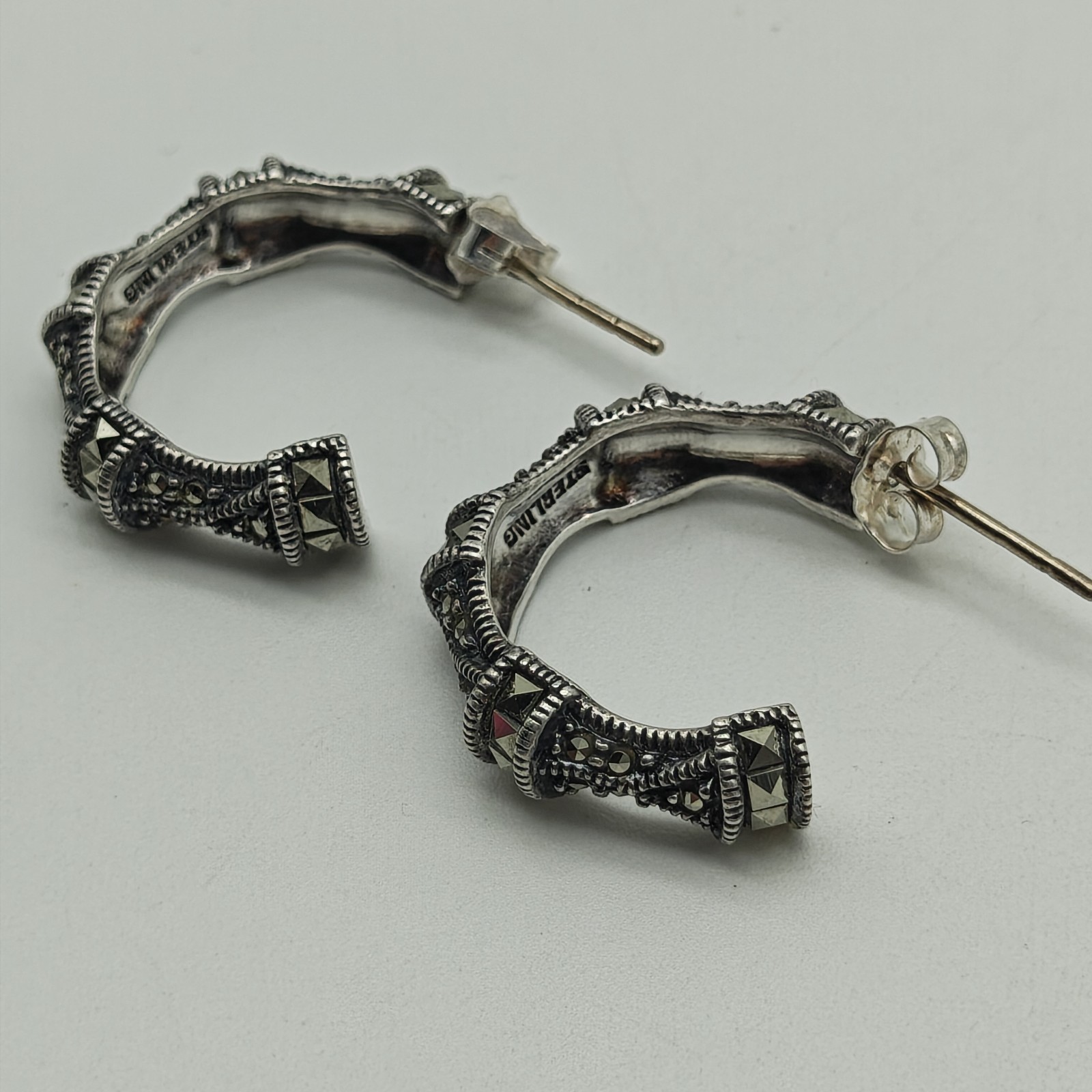 Vintage Judith Jack Sterling Silver 925 Marcasite Hoop Earrings