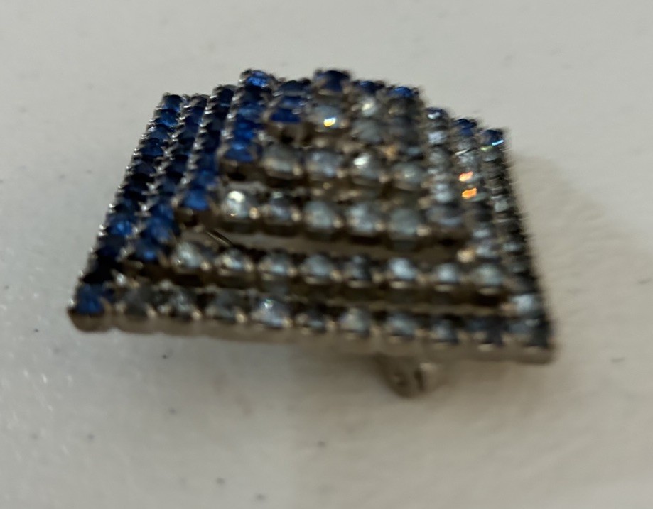Vintage Dimensional Pyramid Brooch Two-Tone Cobalt Blue Rhinestones