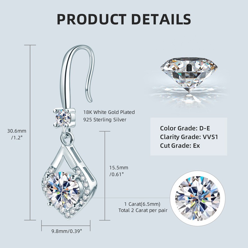 1ct 2ct Moissanite Earrings Sterling Silver Dangle Teardrop Hook GRA Certified