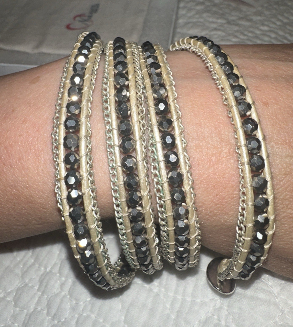 Nakamol Ashley Crystal Wrap Beaded Cord Bracelet Toggle Closure Silver/Black
