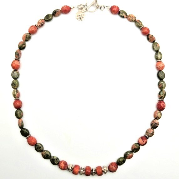 Artisan Crafted Genuine Unakite Coral and 925 Sterling Silver Necklace Handmade