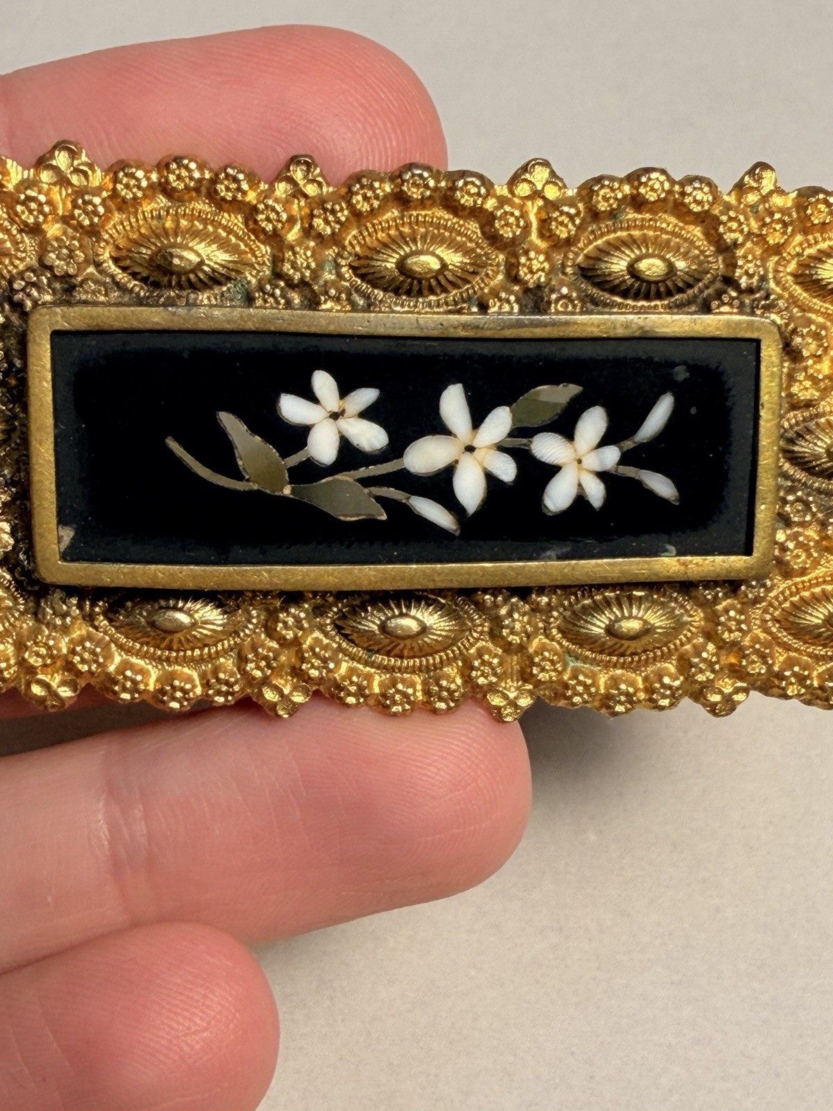 Victorian 9k Gold Plated Pietra Dura Brooch