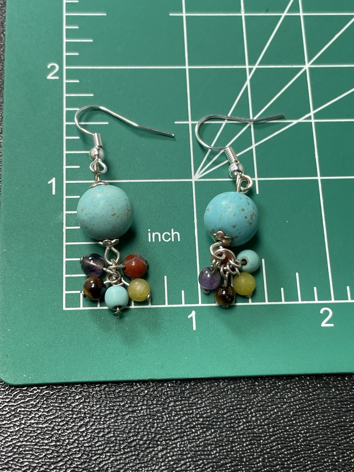 Vintage 1.6” Turquoise & Colorful Gemstone Charm Beaded Dangle Earrings
