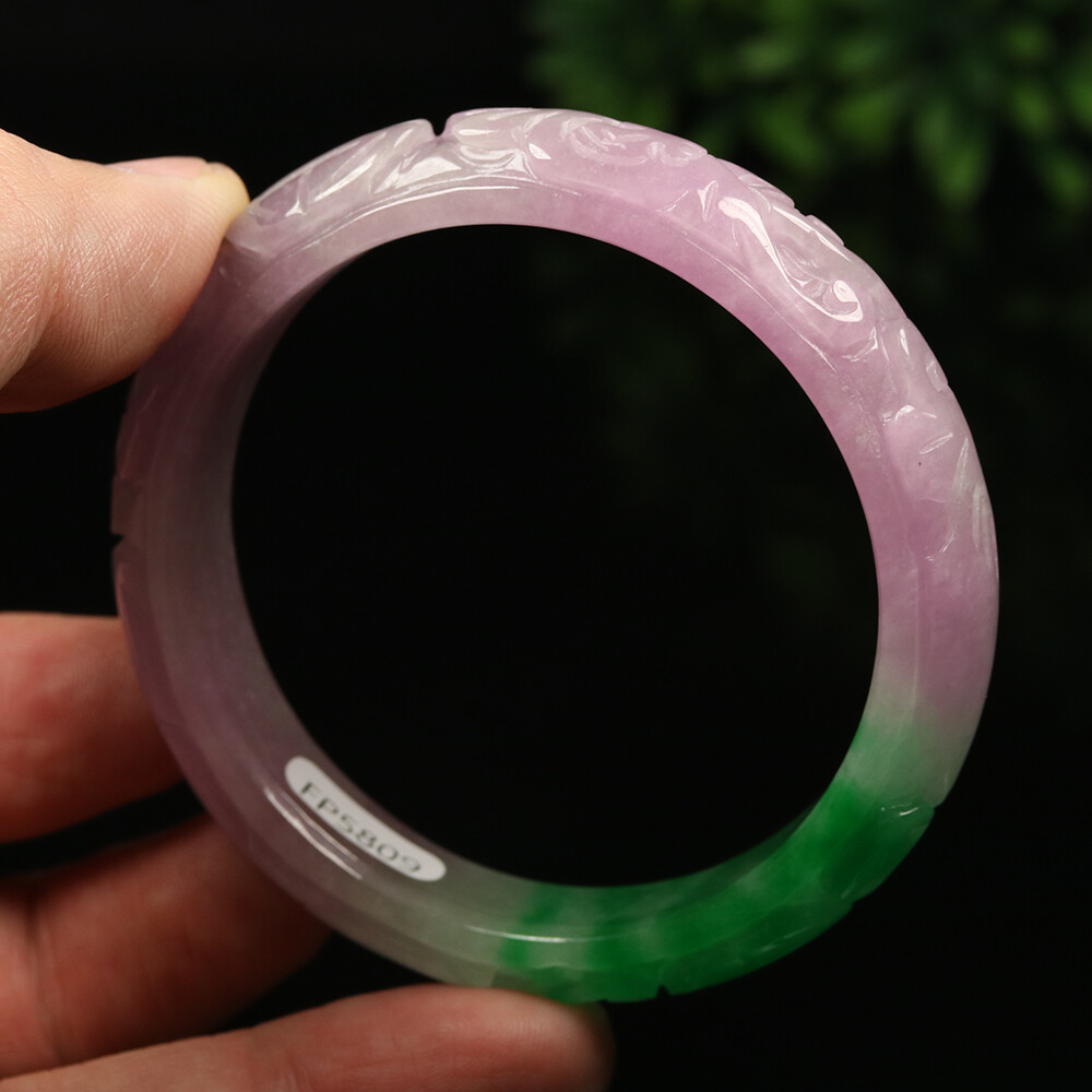 55mm Lavender Purple Green Jadeite Jade Bracelet Bangle Bat Coin 福在眼前 A-11671