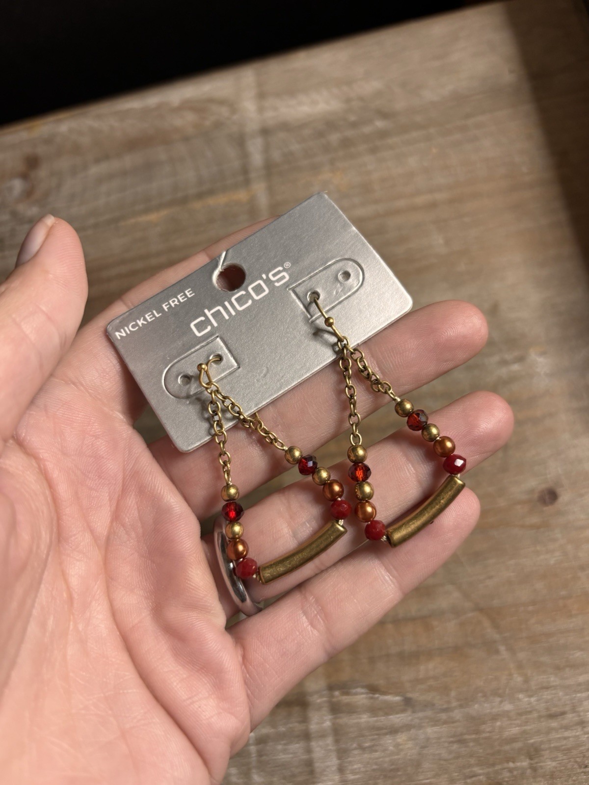 Chico’s Nickel-Free Gold Tone Red Beaded Dangle Hook Earrings 2 in