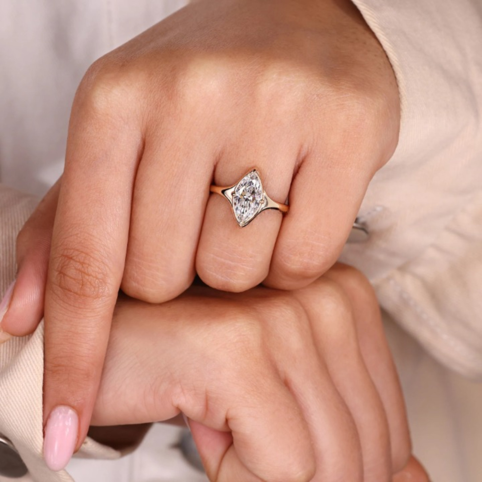 1.50 CT Marquise Cut Lab Grown Diamond Ring With Compass Prong Setting- 14k Gold