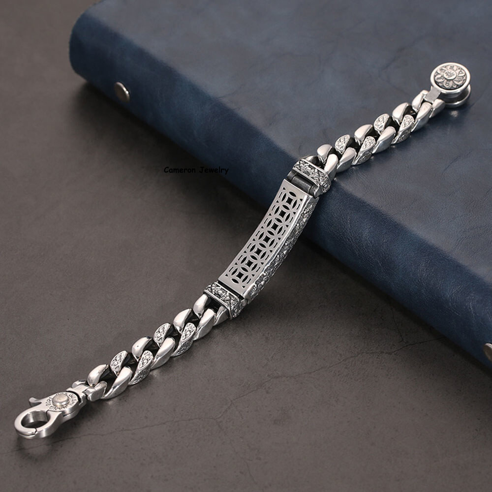Solid 925 Sterling Silver Chain Vajra 11mm Six Words Curb Link Bracelet 7-8.7in