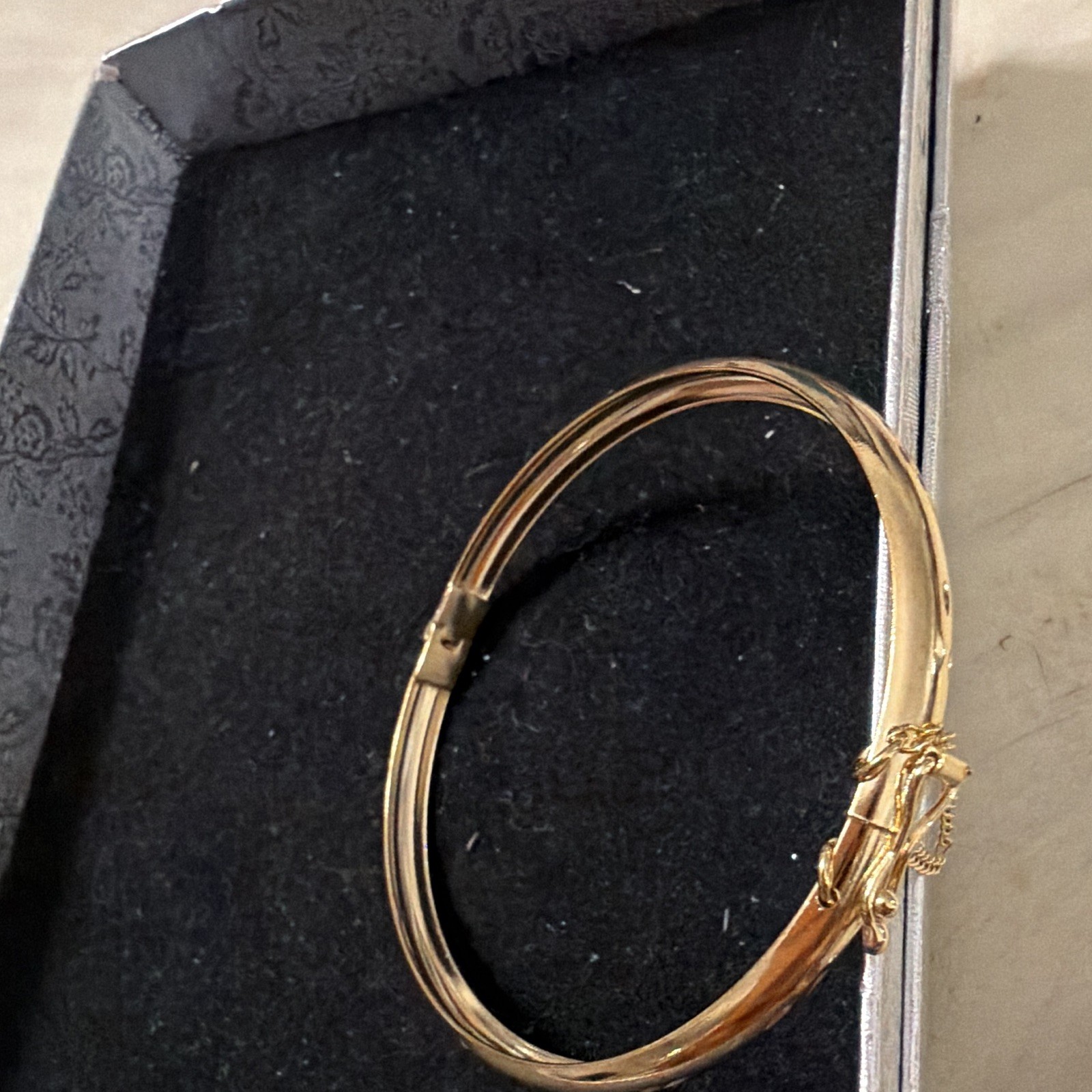 Gold Tone Bangle Bracelet with Push Lock Closure & Safety Chain Metal No Stone