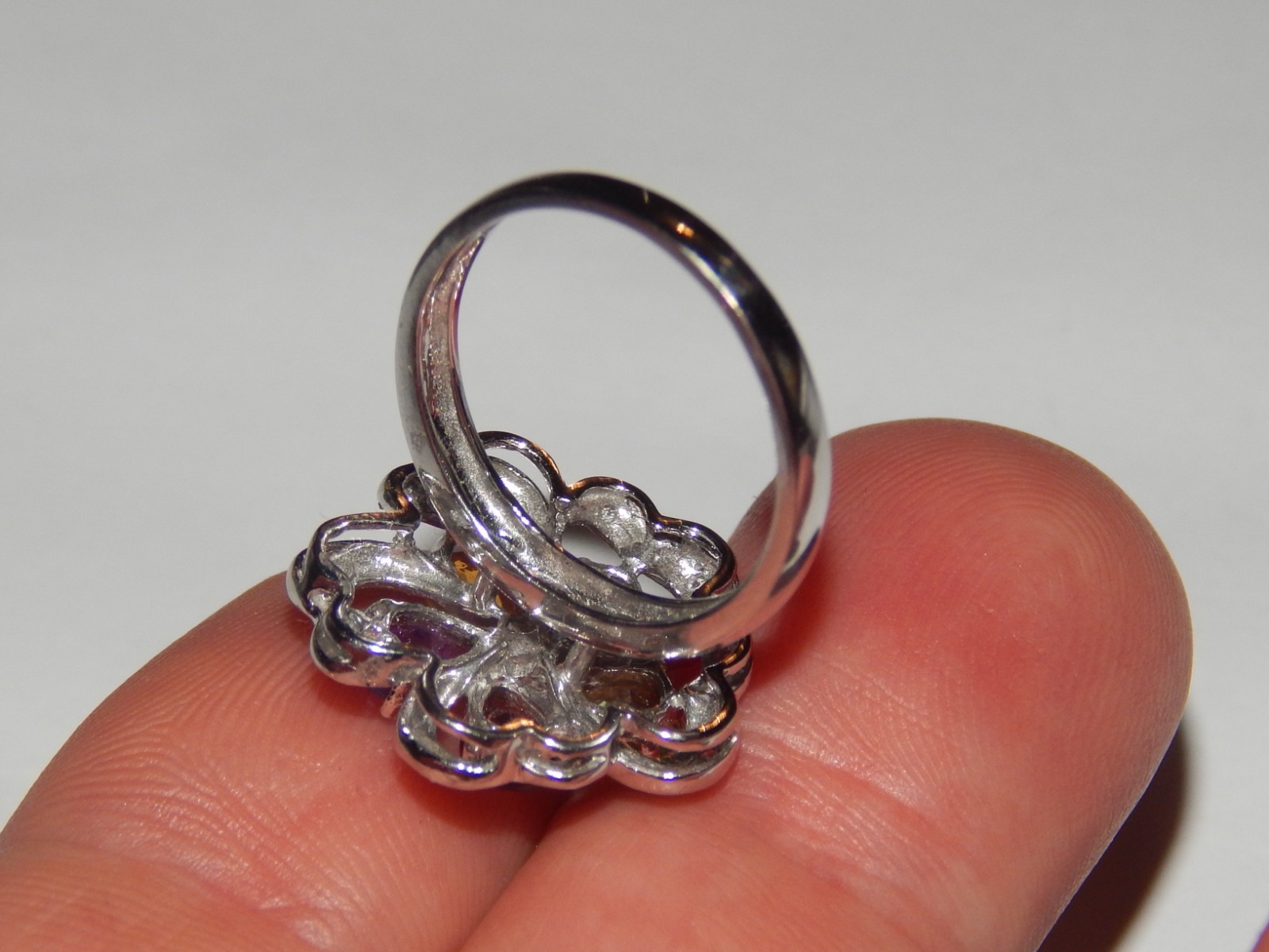 14K WHITE MULTI GEMSTONE & DIAMOND 3/4 INCH WIDE FLOWER CLUSTER RING SIZE 7