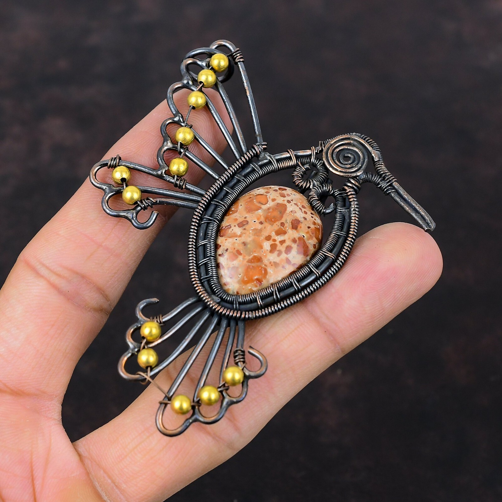 Gift For Women Jewelry Wire Wrapped Bird Pendant Copper Asteroid Jasper 3.82″