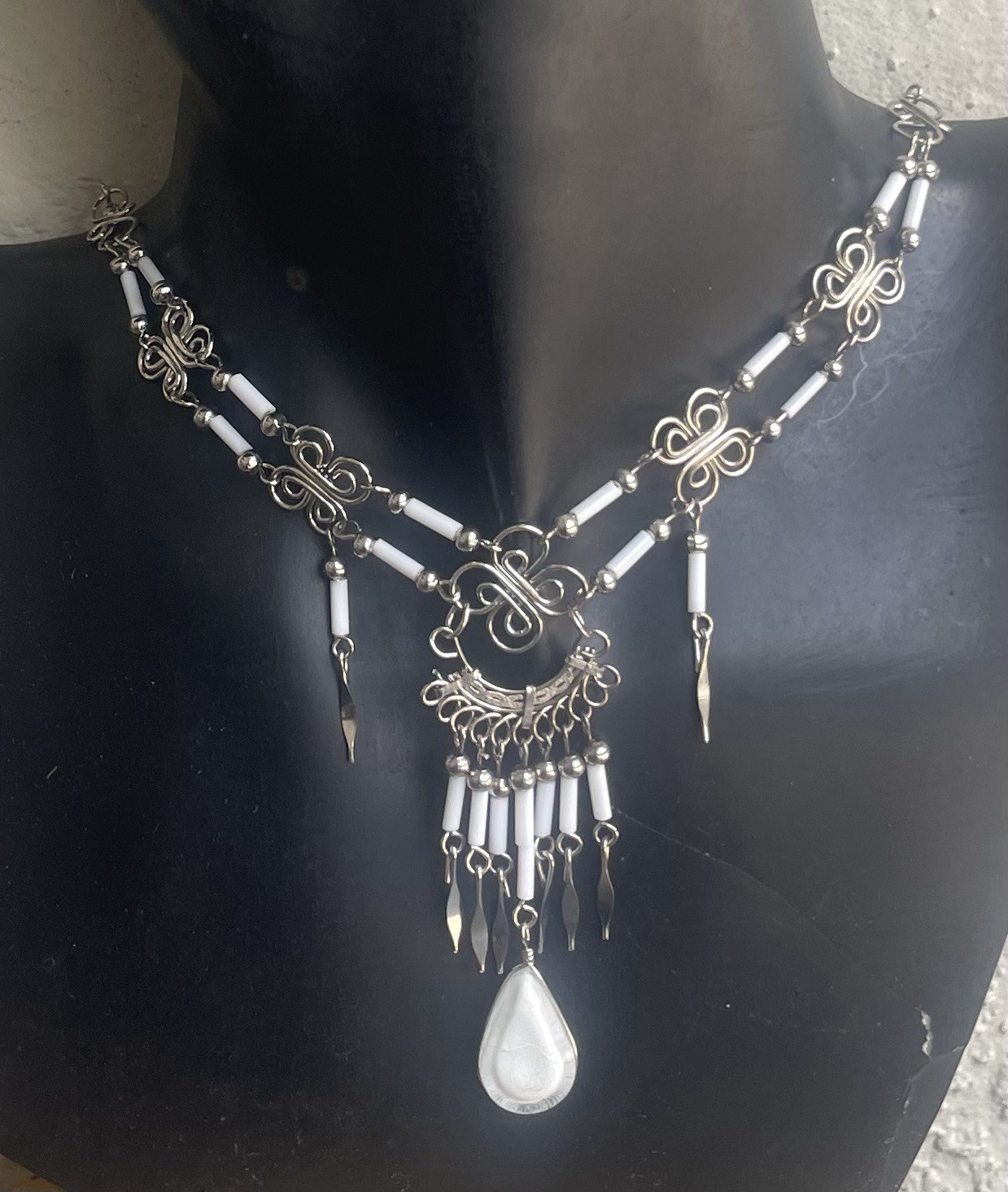 Peruvian White Glass Teardrop Necklace White Bugles Handmade Alpaca Silver Peru