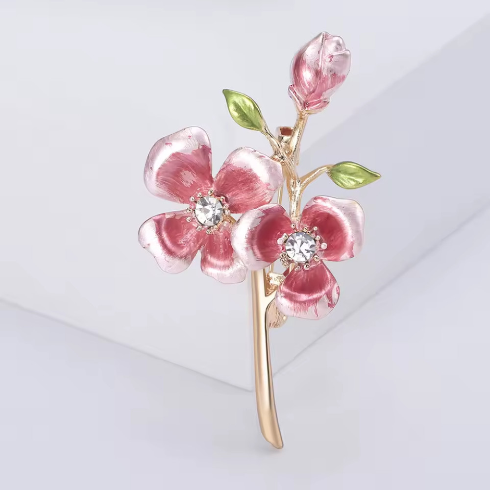 Pink Gold Enamel Rhinestone Flower Bouquet Brooch Floral Pin Summer Gift Jewelry