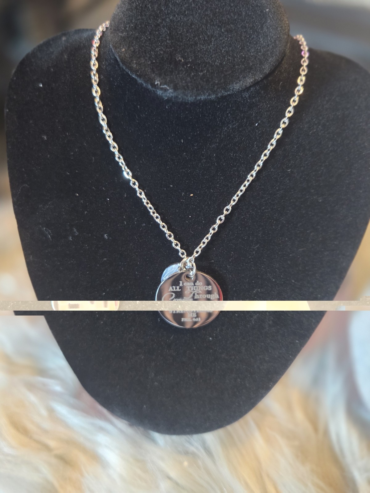 Silver Round Unisex Bible Verse Phil 4:13 Necklace Stainless Steel Pendant Chain