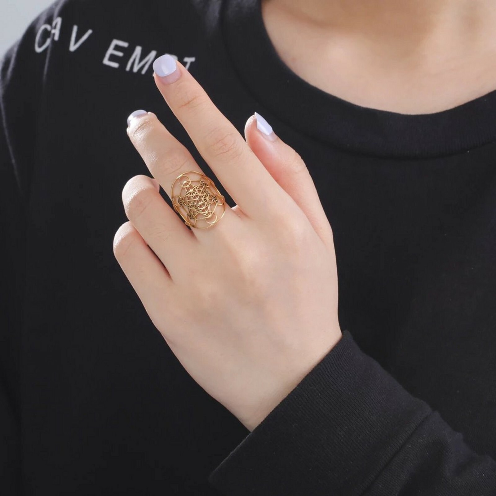 Metatrons Cube Ring Gold Plated Stainless Steel Spiritual Sacred Geometry Band