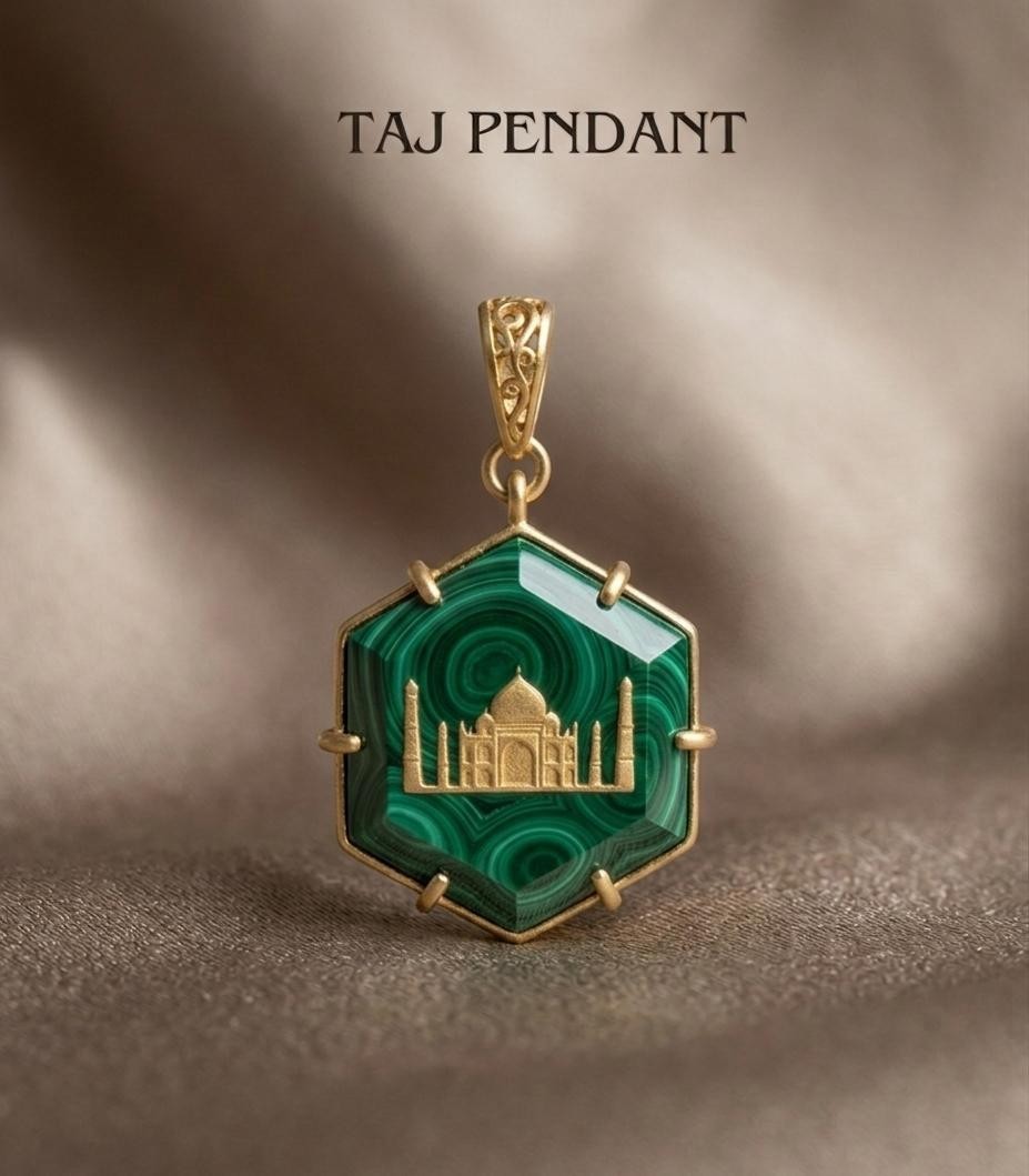 Natural Malachite Stone Taj mahal Pendant 925 sterling silver gold plated